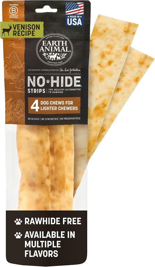 Earth Animal No Hide Strips Venison Flavored Natural Treats | No Rawhide | Quick & Thin Dog Chews - 4 Count