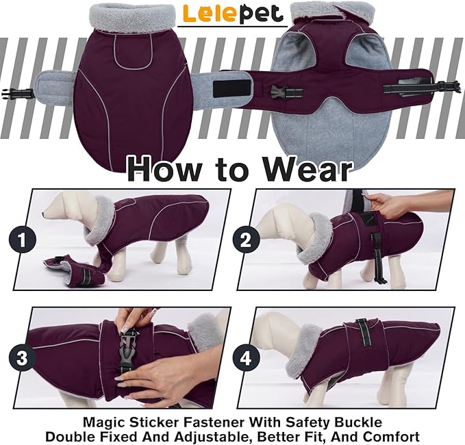 Lelepet Warm Dog Coat Reflective Fleece Vest Waterproof Dog Jacket with Adjustable Buckle Hook & Loop Windproof Cold Weather Coats for Small Medium Large Dogs, Dark Purple, XXL