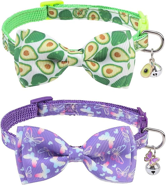 SCENEREAL Cat Collar with Bells, 2 Pcs Breakaway Cat Collars with Adustable Bowtie, Safety Kitten Collar for Boy Girl Cats Puppy, Cute Spring Summer Butterfly & Avocado Pet Collar, Green & Purple