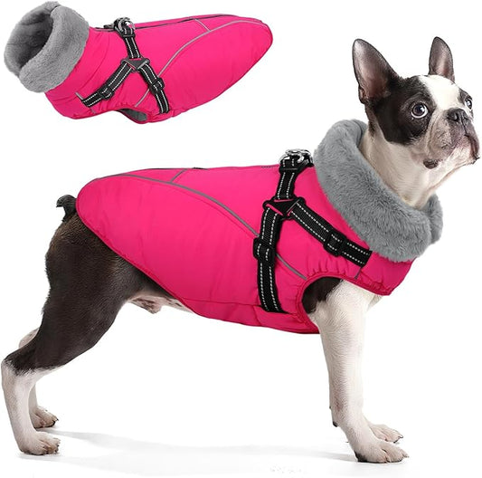 Queenmore Dog Winter Coat for Large Breeds, Warm Fleece Dogs Jacket with Zipper, Reflective & Waterproof Dog Jacket with Harness Built in,Windproof Pet Sweater for French Bulldog,Beagle,Rose Red,L