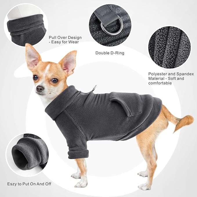Idepet Fleece Dog Sweater, Winter Dog Clothes Turtleneck Dog Sweatshirt Pet Clothing Stretchy Small Dog Coat with Leash Ring Cat Apparel with Pocket(Black,XS)