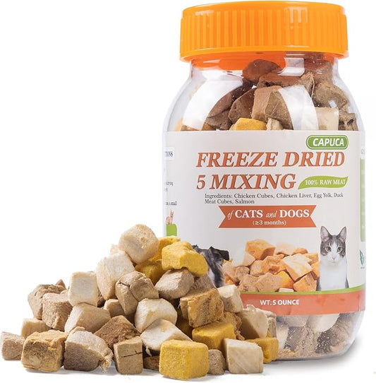 5-in-1 Freeze-Dried Cat & Dog Treats - Natural Chicken, Salmon, Egg Yolk, Duck & Liver, Grain-Free High Protein Snacks (5oz)