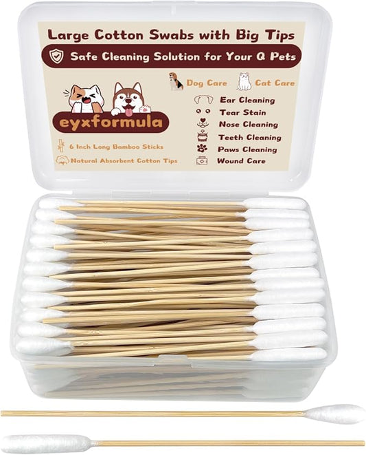 eyxformula 6 Inch Long Cotton Swabs for Pet Cleaning, Bamboo Handle, Pet Ear Cleaning Solution Supplies for Dogs and Cats