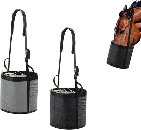 2pcs Horse Feed Bag Mesh Grain Feeder Bags Durable Hay Bag with Adjustable Strap, Large Horse Feeding Bag Comfort Neck Pad and Nose Pad (Black&Grey)