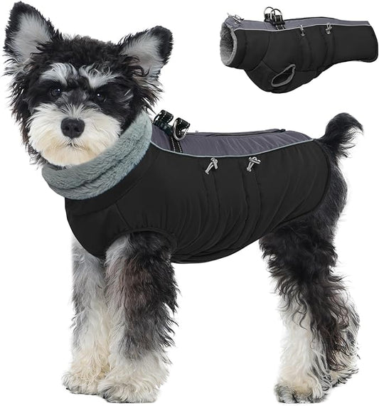 IDOMIK Warm Dog Coat with Harness Built-in, Thick Fleece Dog Winter Jacket with High Collar&Zipper, Waterproof Reflective Dogs Cold Weather Coats for Small Dogs, Pet Snow Jacket Vest(Black,S)