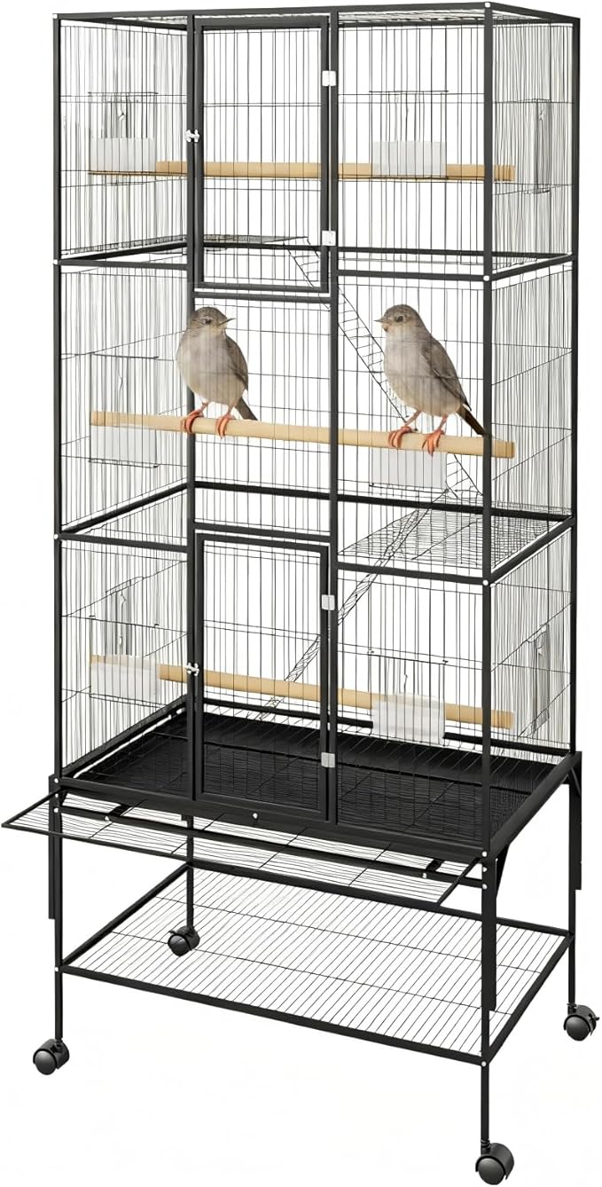 69-Inch Extra Large Bird Cage, Parakeet Bird Cage with Detachable Storage Stand, Rolling Cockatiel Cage for Mid-Sized Parrots Cockatiels Canaries Lovebirds Conures Finch, Black