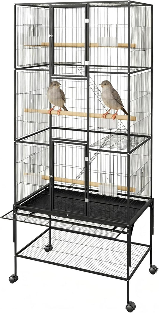 69-Inch Extra Large Bird Cage, Parakeet Bird Cage with Detachable Storage Stand, Rolling Cockatiel Cage for Mid-Sized Parrots Cockatiels Canaries Lovebirds Conures Finch, Black