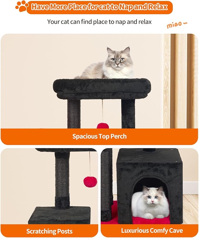 FISH&NAP Cute Cat Tree Kitten Cat Tower for Indoor Cat Condo Sisal Scratching Posts with Jump Platform Cat Furniture Activity Center Play House RedBlack
