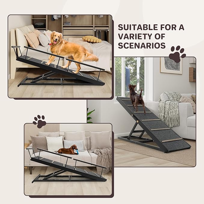 Pet Ramp Folding Portable Wooden Dog & Cat Ramps for Couch or Bed, Including Non Slip Mat & Safety Side Rails, 64.2 Inch Long and Height Adjustable from 13.4 Inch to 38 Inch Up to 110 Lbs