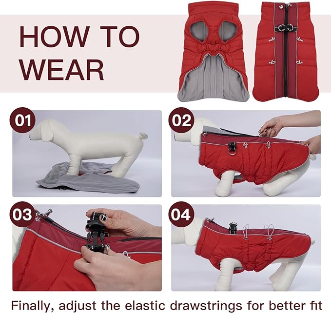 Dog Coat - Warm Winter Jacket Snowsuit for Large Dogs, Water-Resistant, Reflective, Red