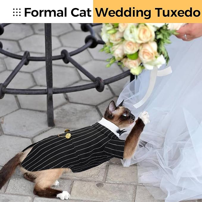 DENTRUN Cat Tuxedo Outfit, Sphynx Cat Costume Formal Suit with Bow Tie, Stylish Cat Shirt Fashion Apparel Fancy Clothes, Kitten Formal Attire Wedding Onesie Costume for Cats Only