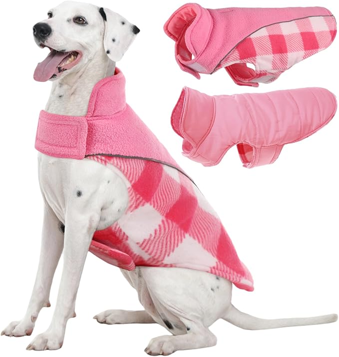 Kuoser Dog Winter Coat, Reversible Waterproof Dog Jacket with Reflective Strip, Warm Dogs Fleece Vest Adjustable Doggy Cold Weather Clothes Plaid Christmas Outfit Pet Apparel for Large Dogs, Pink 2XL