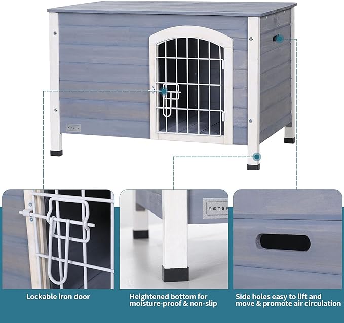 Petsfit 31.5” Indoor Dog House with Lockable Iron Door, Wooden Dog Houses for Indoor Dog with Elevated Floor