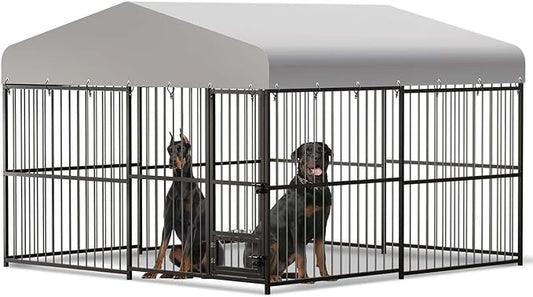 10x10x6 FT Outdoor Dog Kennel, Heavy-Duty Outdoor Enclosures with Lock, UV-Resistant Waterproof Roof Cover & Swivel Stainless Steel Feeding Bowl,for Medium & Large Dogs,Easy Assembly