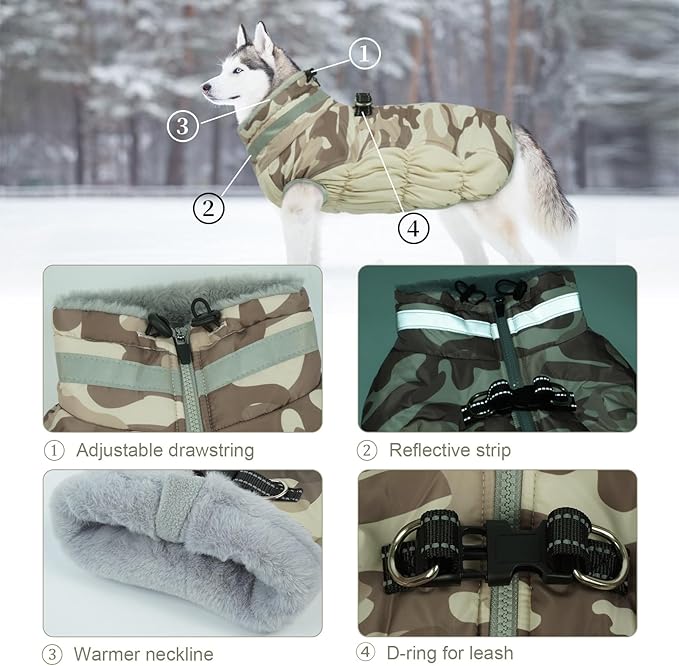 Lelepet Dog Coat Warm Dog Winter Coat Waterproof Dogs Jacket with Harness Built in Reflective Pet Fleece Vest Zip-Up Cold Weather Coats for Dogs Turtleneck & Windproof Coats Chihuahua Desert Camo XS