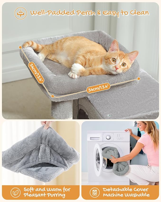 PAWZ Road Cat Tree, 30 Inches Cat Tower with Dual Condos for Indoor Cats, Plush Cat House with Padded Perch, Scratching Ramp and Posts and Replaceable Balls-Gray