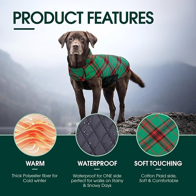 Kuoser Warm Dog Coat, Waterproof Dog Jacket for Extra Large Dogs, Adjustable Durable XXXL Doggie Winter Coat Reversible Puppy Cold Weather Apparel for Large Breed, Christmas Green 3XL