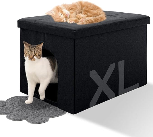 MEEXPAWS Cat Litter Box Enclosure Furniture Hidden, Cat Washroom Bench Storage Cabinet |Large 25.6'' x 17.7'' x 17.7''| Dog Proof | Waterproof Inside/Easy Clean | Easy Assembly | Odor Control(Black)