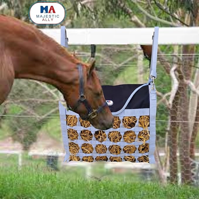 Majestic Ally Animal Health Hay Bag for Horses, 2.5" Holes, Top Load, Travel Feeder, Reduces Waste, 1 Year Warranty, Multiple Colors (Gray-Black)