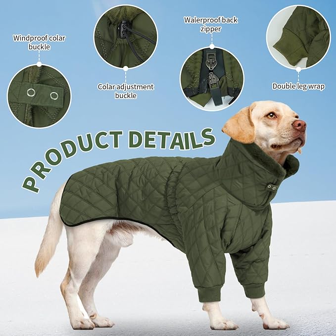 IDOMIK Dog Winter Coat for Large Dogs, Warm Dog Winter Jacket with Fleece High Collar, Zippered Cold Weather Coats for Dogs, Waterproof Doggy Snow Jacket Clothes,Green,2XL