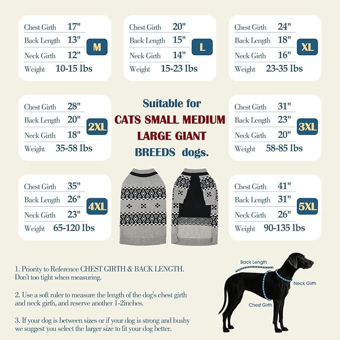 ROZKITCH Long Sleeve Dog Sweater for Large Dogs, Breathable Knit Sweatshirt with Fair Isle Pattern, Warm Winter Pet Clothes for Extra Large Dogs Easy to Wear Grey 5XL