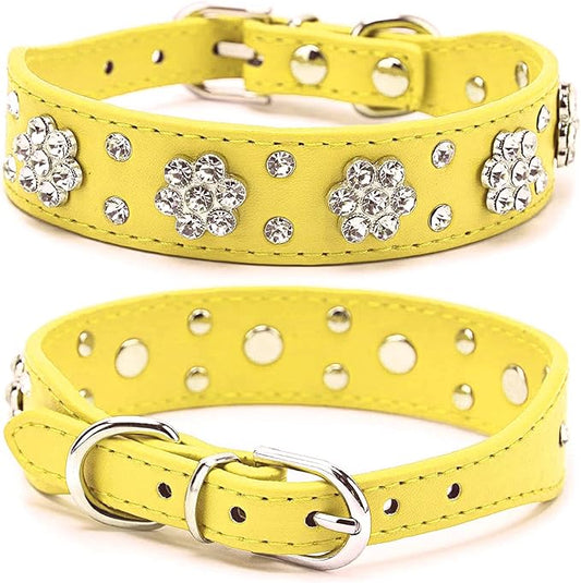 Rhinestone Dog Collar, Cute Flower Rhinestone Bling Collar PU Leather Adjustable Sizes Small Medium Large (XS, Yellow)
