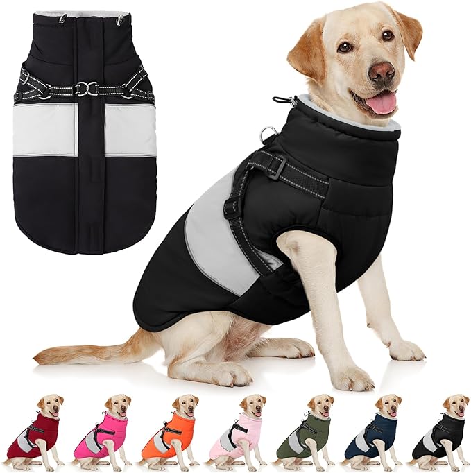 AOFITEE Dog Winter Coat, Dog Coat with Harness Built in, Dogs Jacket for Large Dogs, Reflective Waterproof Pet Puffer Jacket Snowsuit, Warm Fleece Windproof Pet Sweater for Cold Weather, XL