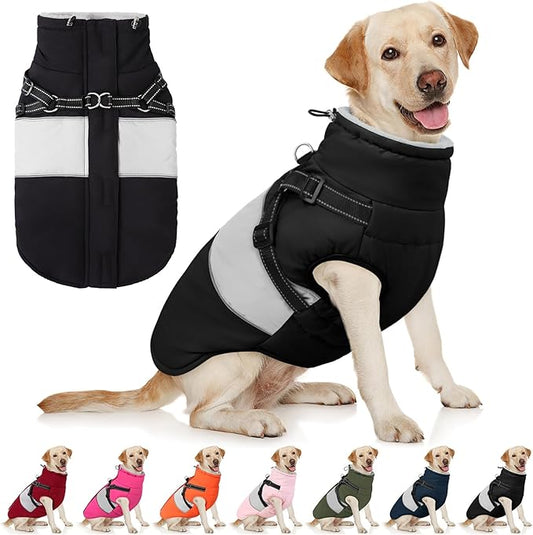 AOFITEE Dog Coat, Large Dog Jacket, Dogs Coat with Harness Built in, Reflective Waterproof Dogs Jackets Winter with Furry Collar, Warm Polar Fleece Pet Sweater Snowsuit for Doberman, Great Dane, XXL
