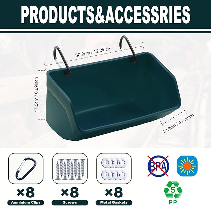Fence Hanging Chicken Feeder - 4 Pack Feed Trough with Clips for Goat Duck Sheeple Horse Goose, Pig Poultry, Chicken Feeder Bucket Feeding Container for Livestock (Green)