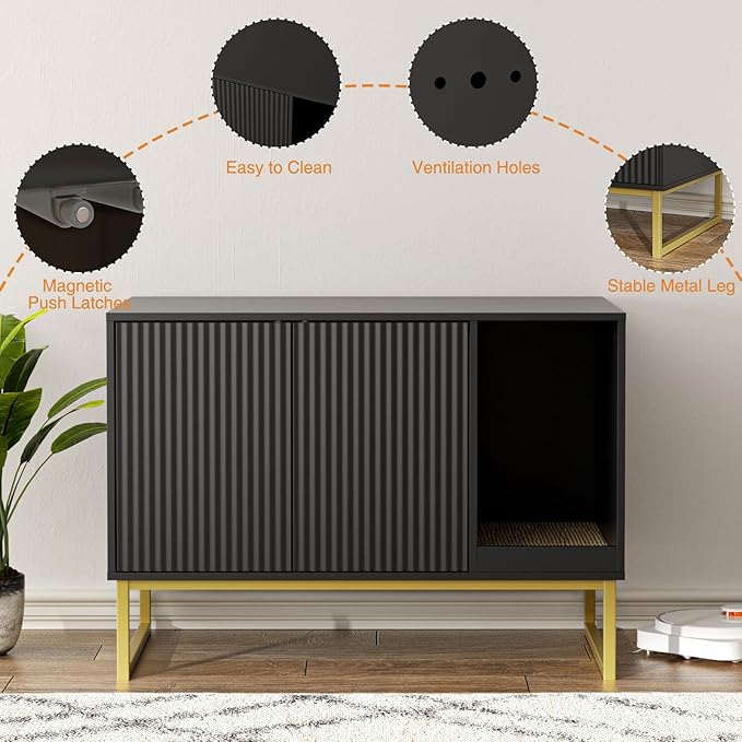 Cat Litter Box Enclosure, Fluted Hidden Litter Box Furniture with Scratch Pad and Metal Legs, Modern Enclosed Cat Cabinet, 31.5 x 17.7 x 21.7 Inches Indoor Pet House for Living Room, Washroom, Black