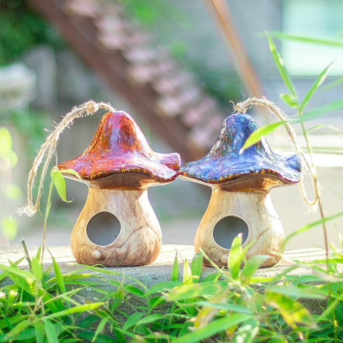 Yinns Birdhouses - Hanging Bird House, Set of 2 Bird Houses for Outside, Decorative Mushroom Bird House Blue and Red Ceramic Birdhouses for Wild Birds, Finch, Cardinal, and Bluebird