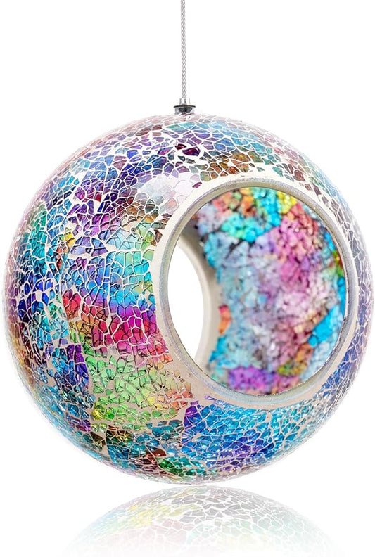 Bird Feeder Mosaic Fly Through Bird Feeder for Outside Hanging with Round Shape Glass Feeders to Attract Wild Birds for Garden, Deck, Yard, Backyard and Porch Decor, 7-Inch