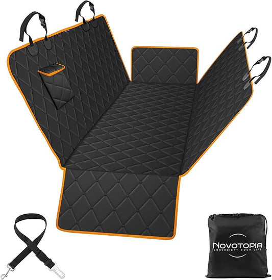 Dog Car Seat Cover for Back Seat 100% Waterproof, Long-Lasting and Soft Nonslip Backseat Dog Cover for Cars, SUVs and Trucks (Black-Orange, Standard (54" W x 59" L))