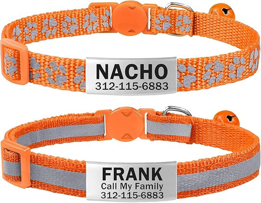 TagME 2 Pack Cat Collar with Name Tag, Personalized Reflective Cat Collar Breakaway with Bell for Boy & Girl Kitten, Orange