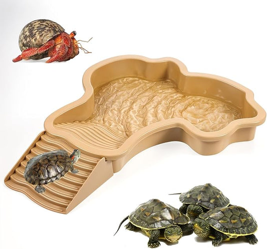 Large Reptile Water Bowl with Ramp, Thickened Non-Slip Feeding Dish & Bathing Pool for Turtle, Snake, Gecko, Bearded Dragons, Lizard Habitat Accessories