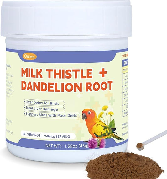 Avian Milk Thistle Dandelion Root Supplement for Parrots, Support Liver Heath Powder for Budgies Cockatiels, Daily Natural Herbal Birds Detox Dietary Formula, Alcohol-Free 180 Servings