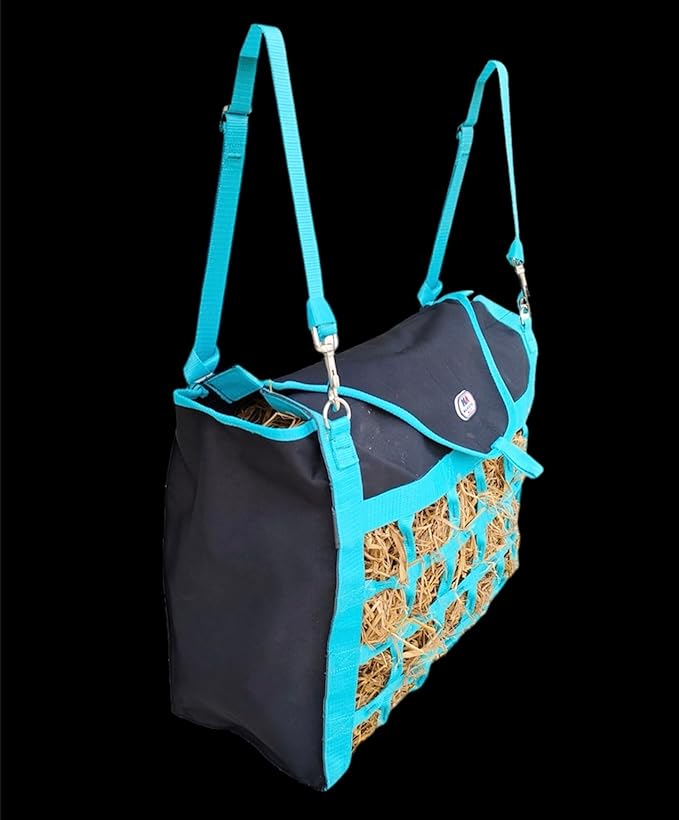 Majestic Ally Animal Health Hay Bag for Horses, 2.5" Holes, Top Load, Travel Feeder, Reduces Waste, 1 Year Warranty, Multiple Colors (Turquoise-Black)