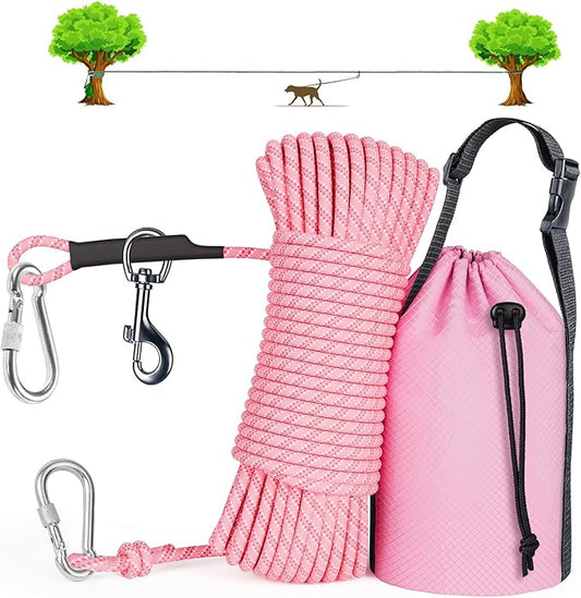 Tresbro Dog Camping Leash, 50ft/75ft/100ft Trolley System for Dogs up to 300lbs, Portable Lightweight Dog Runner Lead for Yard, Reflective Tie Out Cable for Camping, Courtyard, Park, Outside