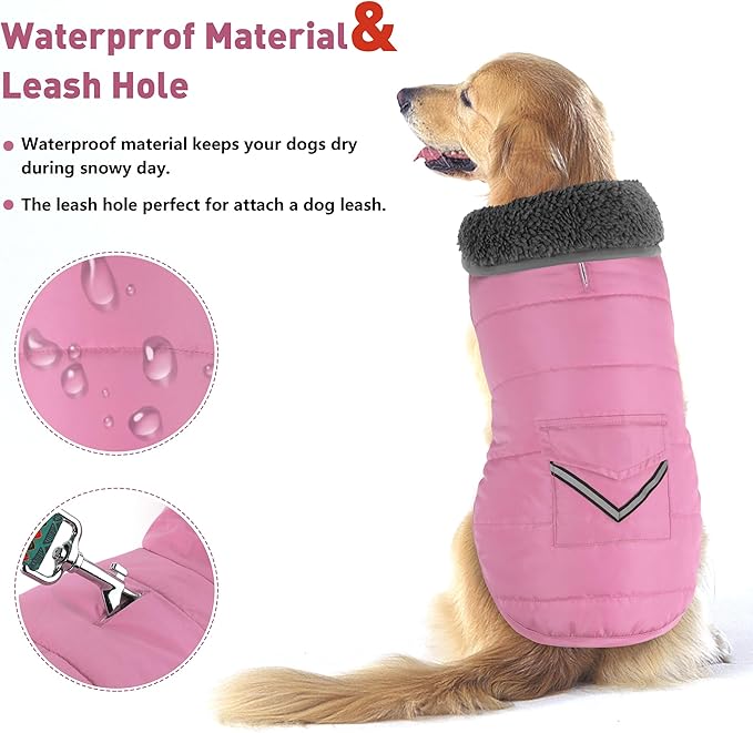 Dog Coat, Waterproof Dog Winter Jacket with Pocket, Reflective Adjustable Pet Snow Vest, Warm Cozy Fleece Sweater for Small Medium Extra Large Dogs - Light Pink, 3XL