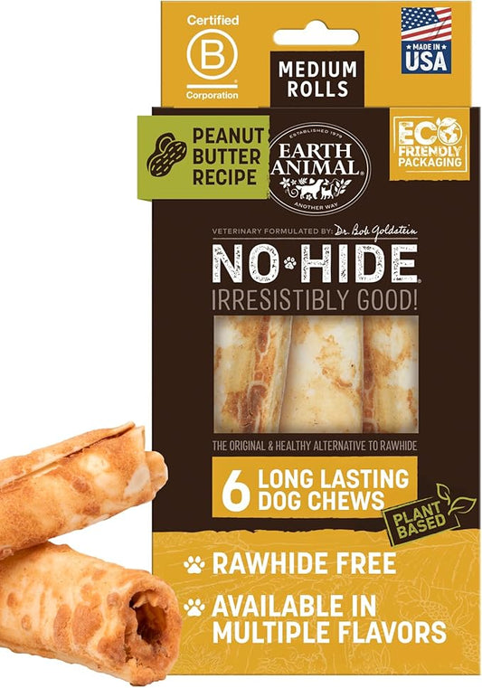 Earth Animal No Hide Medium Peanut Butter Flavored Natural Rawhide Free Dog Chews Long Lasting Chew Sticks | Treats for Large Dogs | Great for Aggressive Chewers - 6 Count
