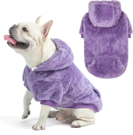 SCENEREAL Fuzzy Small Dog Sweater/Hoodie, Fleece Warm Sweatshirt Medium with Pocket, Girl Boy Dog Clothes for Winter/Fall, Frenchie Bulldog Cute Male/Female Outfit with Leash Hole