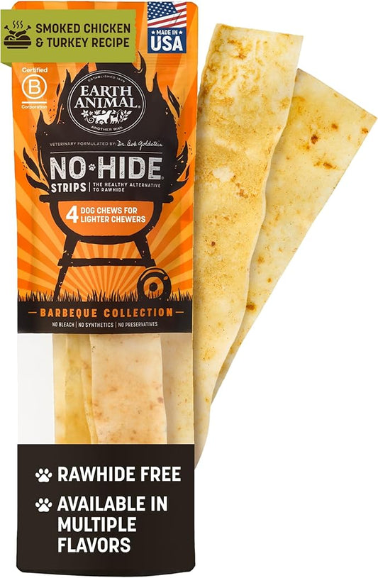 Earth Animal No Hide Strips Barbeque Smoked Chicken & Turkey Flavored Natural Treats | No Rawhide | Quick & Thin Dog Chews - 4 Count