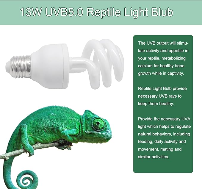 UVB Light Bulb for Reptiles, 13W 5.0 UVA UVB Heat Lamp Bulbs Ideal for Rainforest Reptiles, Bearded Dragons Lizard Turtle Tortoise Iguanas Chameleons Snake (1 Pack)
