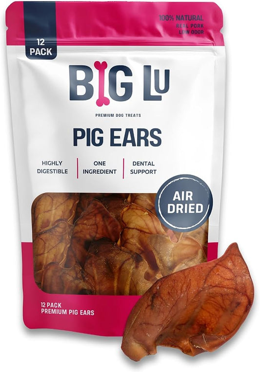 Big Lu – Pig Ear Dog Chews, 12 Count, All-Natural Single-Ingredient Pork Treats, Easily Digestible, Supports Joint Health with Glucosamine and Chondroitin