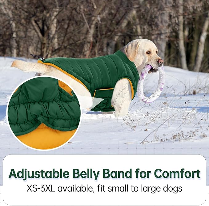 Lelepet Reversible Dog Coat Lightweight Warm Dog Jacket Padded Vest Windproof Cold Weather Coat Sonwsuit with Hook & Loop Leash Hole Coats for Large Dogs, Non-Shedding, Easy on/Off, Green, XXL