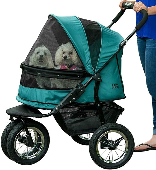 Pet Gear NO-Zip Double Pet Stroller, Zipperless Entry, for Single or Multiple Dogs/Cats, Plush Pad + Weather Cover Included, Large Gel-Filled Tires, 1 Model 3 Colors New Pine Green