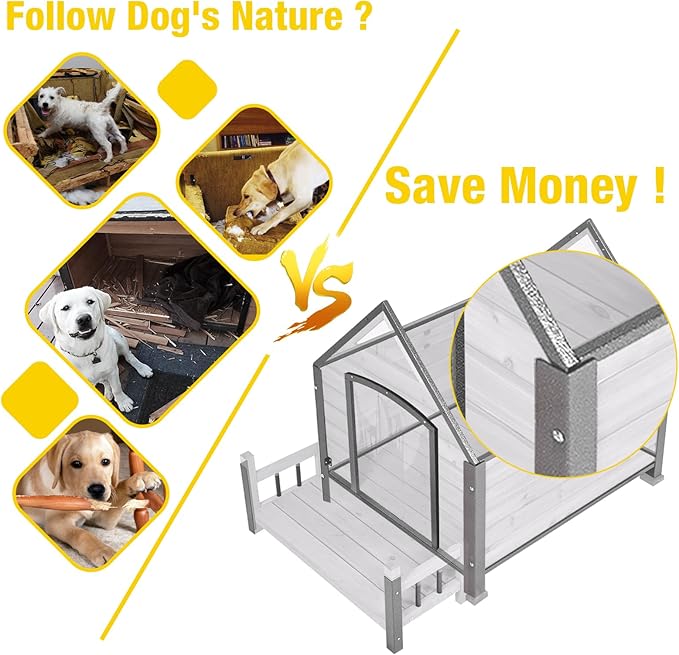 Dog House Outdoor,Dog Kennel Outside for Large Breed, Weatherproof Large Dog Shelter with Anti-Chewing Iron Frame (Grey-N, 45" D x 32.9" W x 32.6" H)