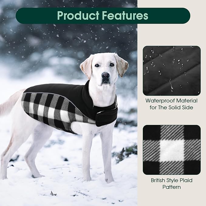 Kuoser Dog Winter Coat, Reversible Waterproof Dog Jacket with Reflective Strip, Warm Dogs Fleece Vest Adjustable Doggy Cold Weather Clothes Plaid Christmas Outfit Pet Apparel for Large Dogs, Black XL