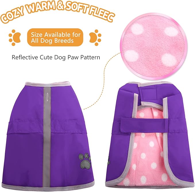 Queenmore Dog Winter Coat, Cold Weather Fleece Jacket for Dogs, Waterproof Reflective Reversible, for Small, Medium and Large Dogs (Purple, 2XL)