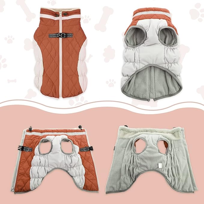 Lelepet Dog Coat Warm Dog Winter Coat Waterproof Dogs Jacket with Harness Built in Reflective Pet Fleece Vest Zip-Up Cold Weather Coats for Large Dogs Turtleneck & Windproof Coats Pitbull Brown 2XL